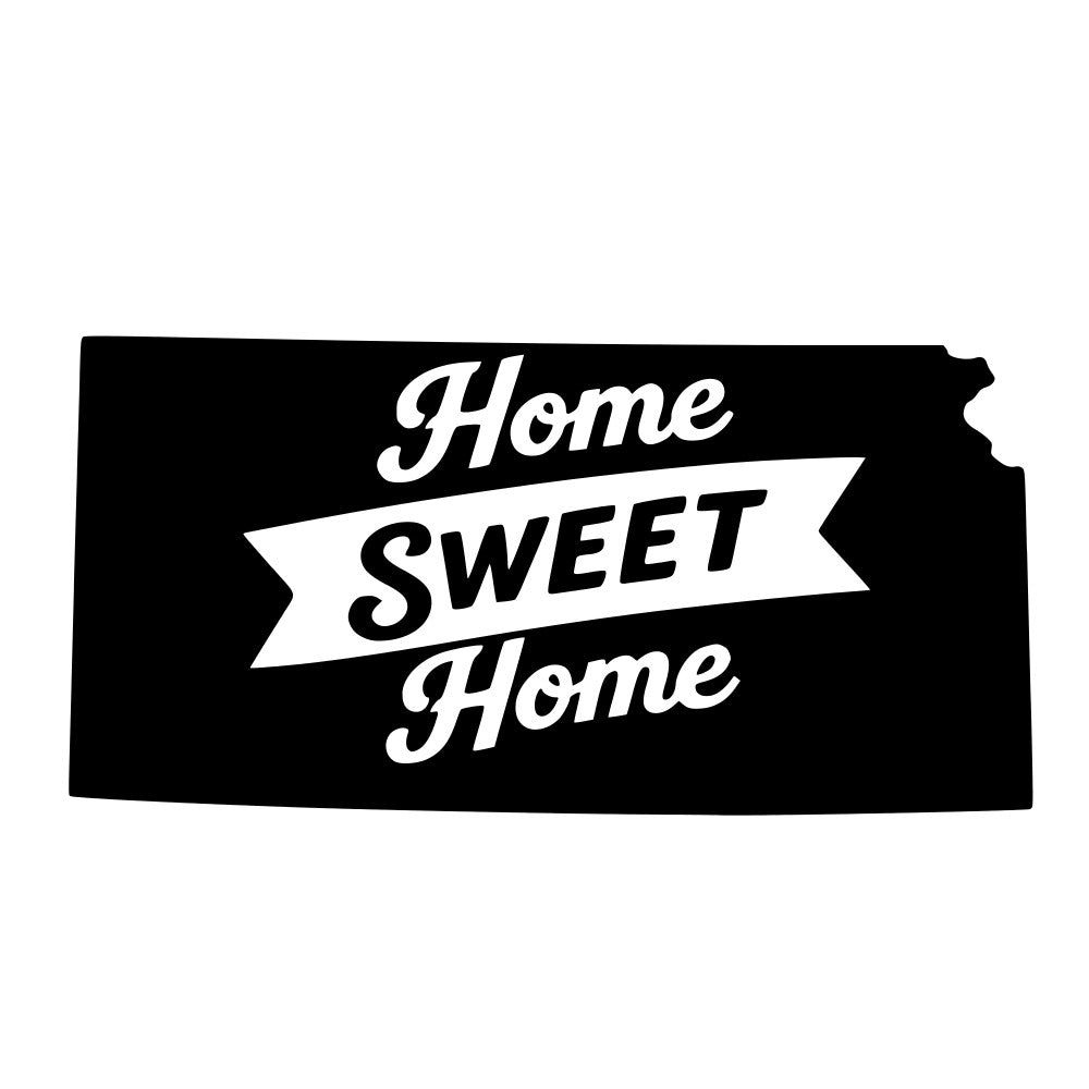 home sweet home, kansas, state pride, black and white, monochrome, vintage, retro, banner, ribbon, typography, text, farmhouse, rustic, americana, patriotic, home decor, wall hanging, inspirational, quote, classic, traditional, elegant script, lettering, state silhouette, geographic, home themed, sentimental