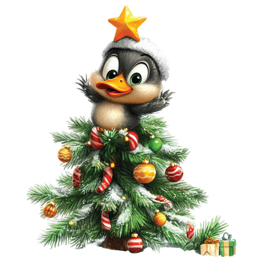 duck, penguin, christmas tree, holiday themed, winter scene, green pine needles, red ornaments, gold ornaments, candy canes, yellow star, white snow, fabric panel, quilting cotton, whimsical cartoon, cute animal, festive decorations, seasonal motif, gift boxes, pine branches, holiday crafting