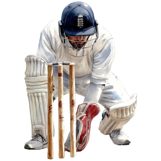 cricket, sports, england, batsman, wickets, cricket player, batting, white, cream, navy blue, dark blue, red, brown, wood, realistic illustration, detailed artwork, masculine, sporty, athletic, vintage sports, traditional cricket, cricket uniform, protective gear, helmet, bat and ball, action pose, sports illustration, male portrait, british sports