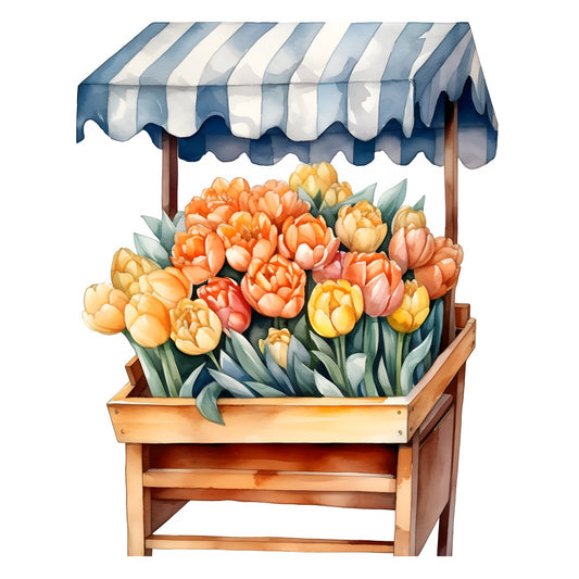 flower market stand, tulips, orange tulips, peach tulips, yellow tulips, coral pink, cream, blue and white striped awning, wooden cart, farmers market, spring flowers, floral, botanical, vintage market, rustic farmhouse, cottage core, whimsical, nature themed, spring season, summer flowers, garden stand, flower vendor, country cottage, traditional, elegant florals, warm color palette, multi-color florals, seasonal decor, home accent