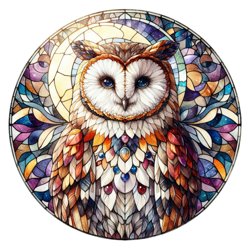 stained glass, owl, barn owl, circular panel, mandala design, geometric patterns, blue eyes, white face, brown feathers, orange accents, purple hues, teal colors, amber tones, mosaic style, art nouveau, decorative border, symmetrical design, nature motif, quilting panel, cotton fabric