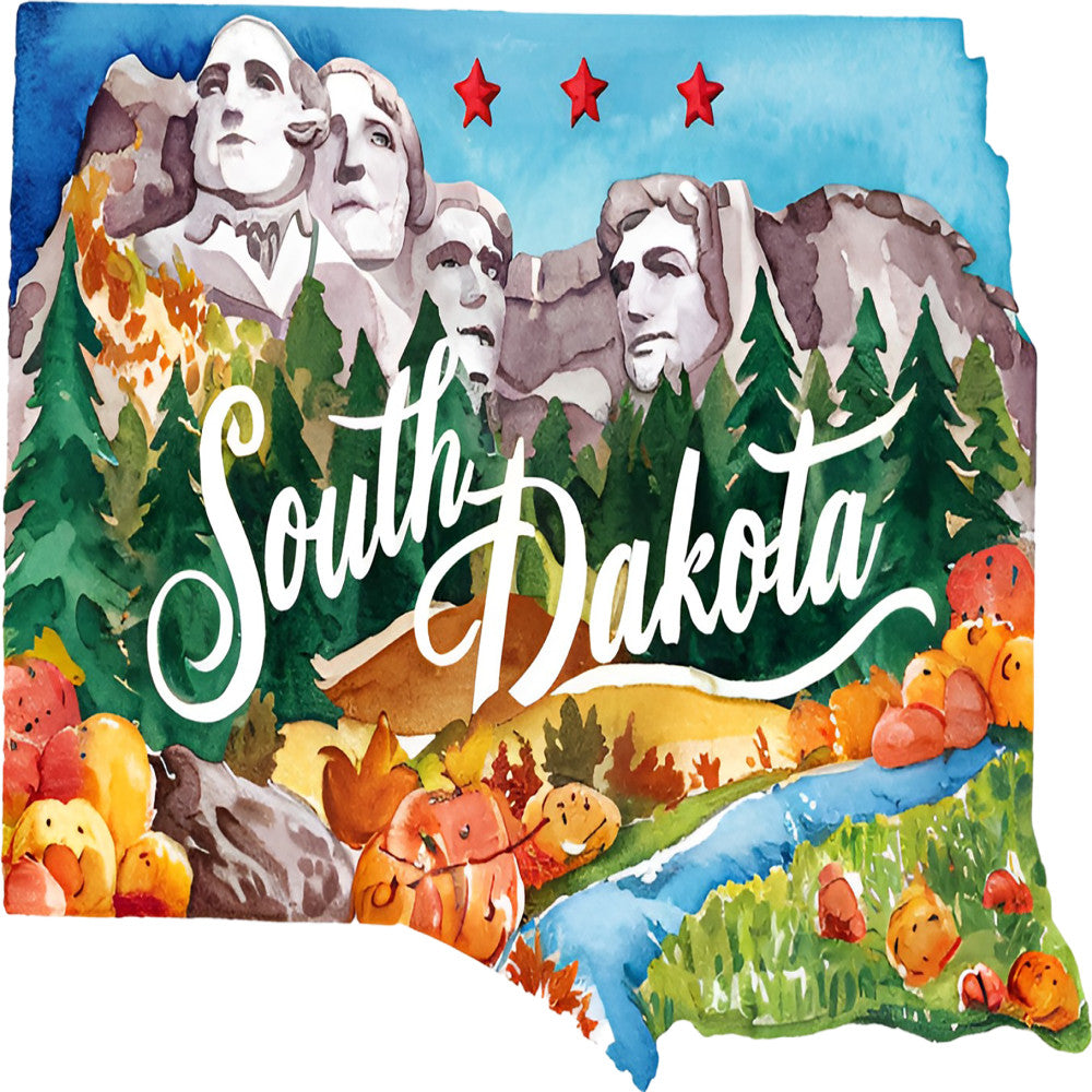 Classic US States Fabric Panel 4 featuring South Dakota with Mount Rushmore and autumn landscape in premium quilting cotton.