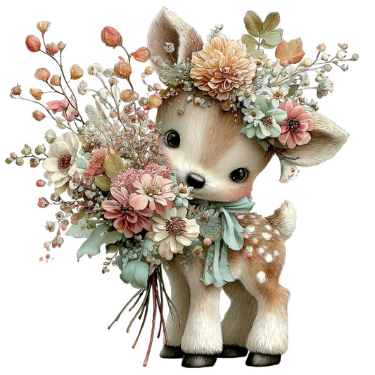 cute deer, floral, whimsical, animal, nature, pastel pink, cream, sage green, dusty rose, peach, tan, dahlias, daisies, wildflowers, botanical, woodland, spring, baby, nursery, children's, gentle, soft, sweet, cottage core, farmhouse, vintage, delicate, bouquet, fawn