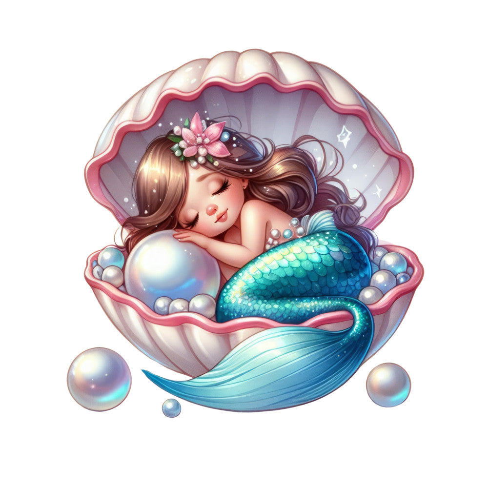 mermaid, sleeping, shell, seashell, pearls, bubbles, teal, turquoise, pink, coral, purple, brown hair, flower crown, fantasy, whimsical, ocean theme, magical, iridescent, fabric panel, quilting cotton