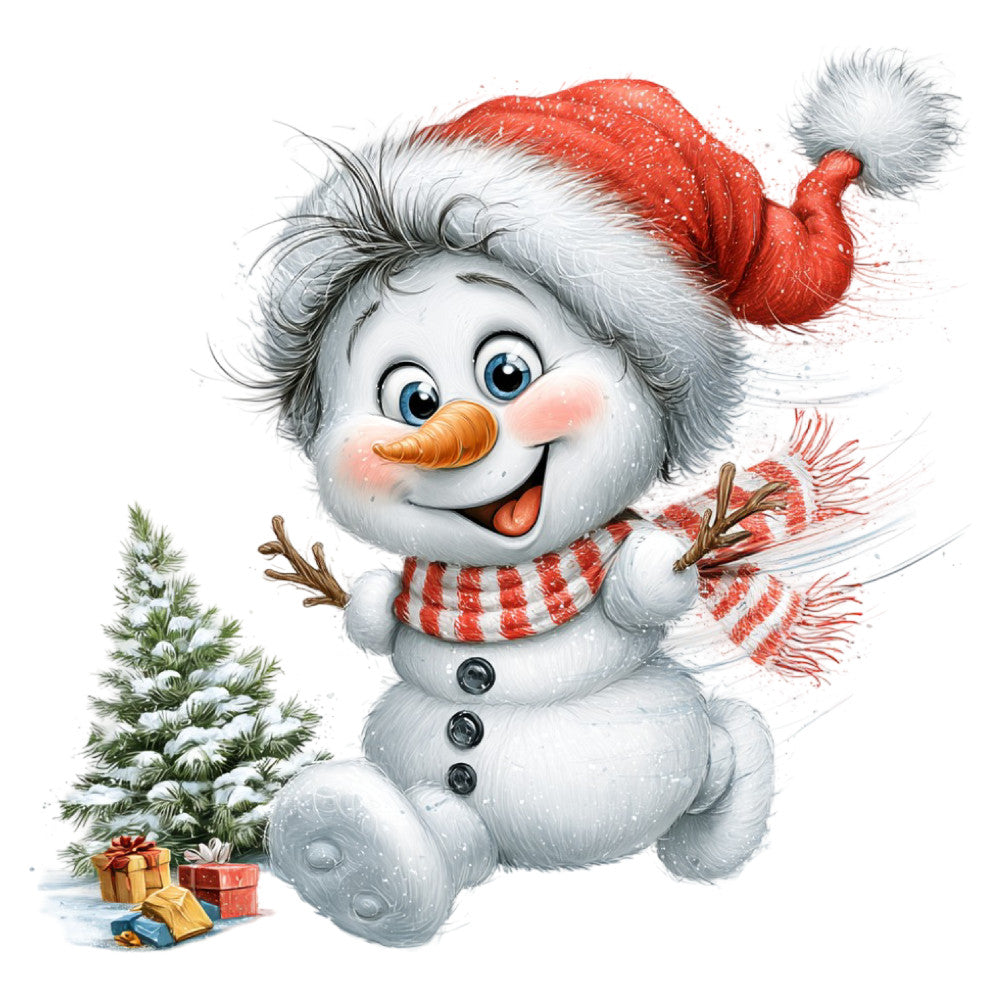 snowman, christmas, holiday, winter, red and white, cream white, carrot nose, striped scarf, festive, whimsical, cheerful, joyful, snow, evergreen tree, pine tree, gifts, presents, seasonal, december, frosty, playful, cute, children's, family-friendly, traditional christmas, retro style, vintage holiday, snow scene, winter wonderland, decorative panel