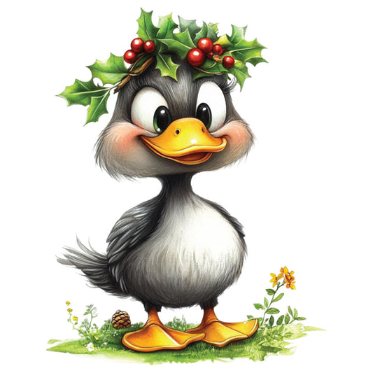whimsical duck, fabric panel, christmas holly, red berries, yellow beak, orange feet, gray feathers, white chest, rosy cheeks, holiday crown, festive decoration, cute character, watercolor style, cheerful expression, seasonal motif, quilting cotton, craft panel, adorable bird, winter theme, holly leaves