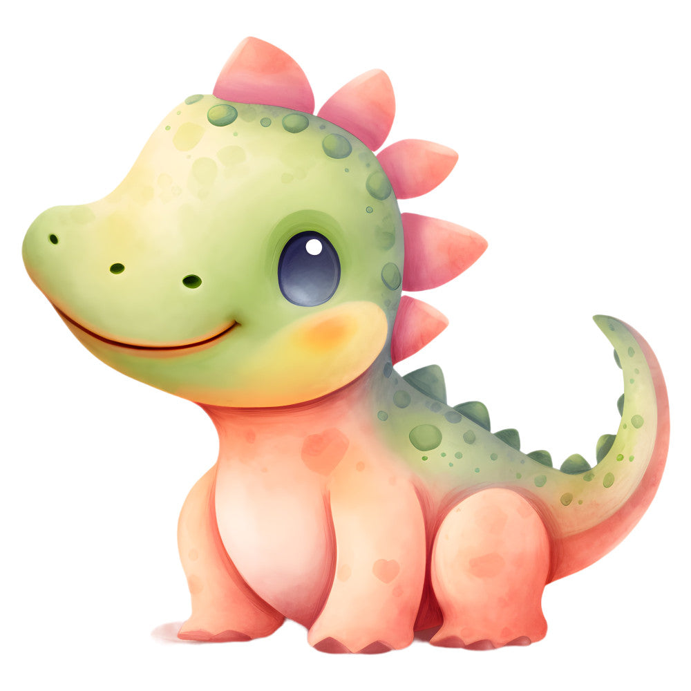 lime green, coral pink, sage green, yellow, pastel colors, cute dinosaur, baby dinosaur, whimsical, playful, children's design, kids theme, animal motifs, spots and speckles, friendly face, smiling character, nursery, baby quilt, child's quilt, wall hanging, soft pastels, cheerful, storybook style, illustration art, fantasy creatures, dino themed, colorful, vibrant, sweet character design