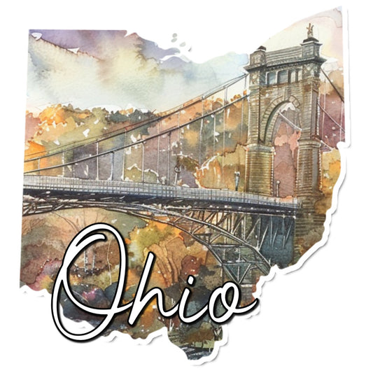 ohio state fabric, suspension bridge, architectural design, watercolor, autumn colors, golden yellow, burnt orange, dusty brown, sage green, stone gray, vintage map, travel theme, landscape, scenic, foliage, fall colors, rustic style, americana, heritage, historic landmark, topographic, nature inspired, earth tones, warm palette, wall hanging, home decor, state pride, regional design