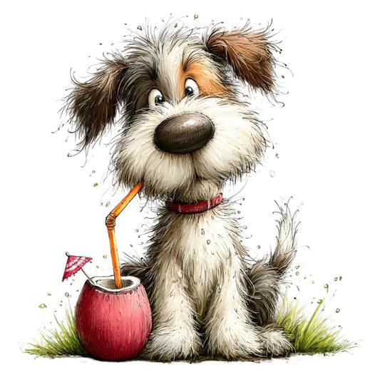 dog, puppy, terrier, whimsical, cute, charming, brown and white, cream, tan, rust orange, red, coral pink, umbrella drink, tropical, playful, cheerful, children's, kids, baby, animal, humorous, fun, illustration, cartoon, hand-drawn, summer, vacation, beach theme, nursery, wall hanging