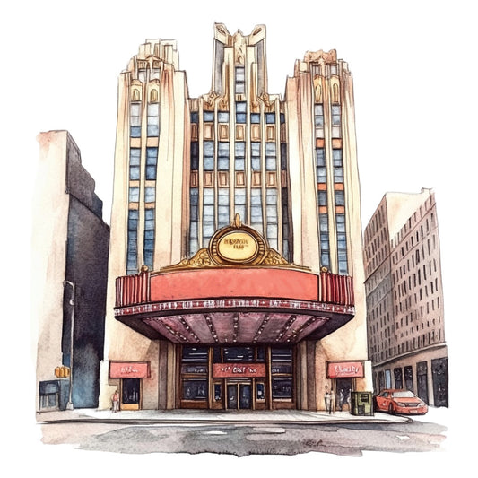 art deco, architecture, vintage theater, movie palace, cream, tan, beige, coral red, burgundy, gold, brown, building facade, urban landscape, retro, nostalgic, 1920s style, 1930s style, geometric details, ornamental, elegant, classic cinema, decorative arts, americana, city scene, architectural illustration, heritage, timeless, wall art, home decor