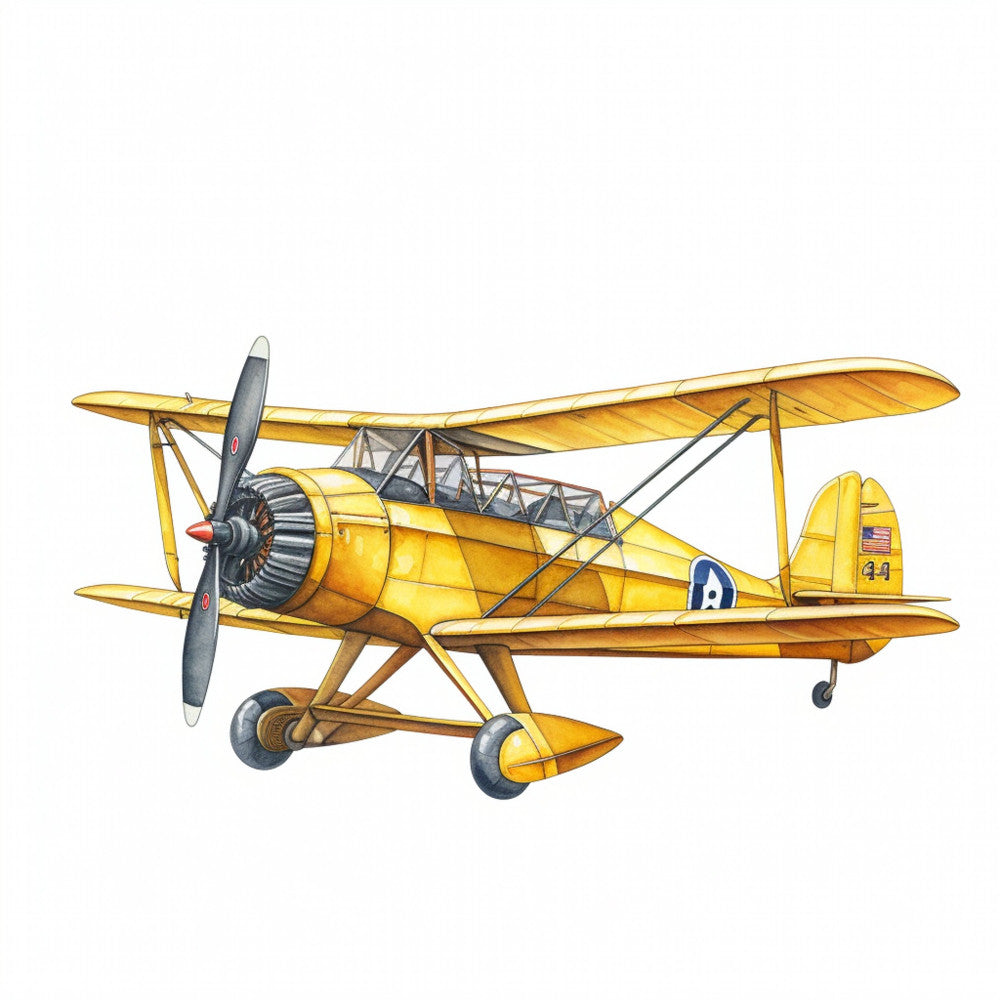 golden yellow, mustard yellow, navy blue, red accents, vintage airplane, biplane, aviation, retro aircraft, transportation, vintage travel, antique plane, pilot theme, air force, americana, patriotic, 1940s style, nostalgic, classic, traditional, whimsical, boy's room, nursery, children's decor, wall hanging, home decor, steampunk, aviation enthusiast