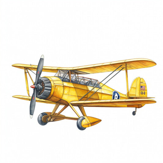 golden yellow, mustard yellow, navy blue, red accents, vintage airplane, biplane, aviation, retro aircraft, transportation, vintage travel, antique plane, pilot theme, air force, americana, patriotic, 1940s style, nostalgic, classic, traditional, whimsical, boy's room, nursery, children's decor, wall hanging, home decor, steampunk, aviation enthusiast