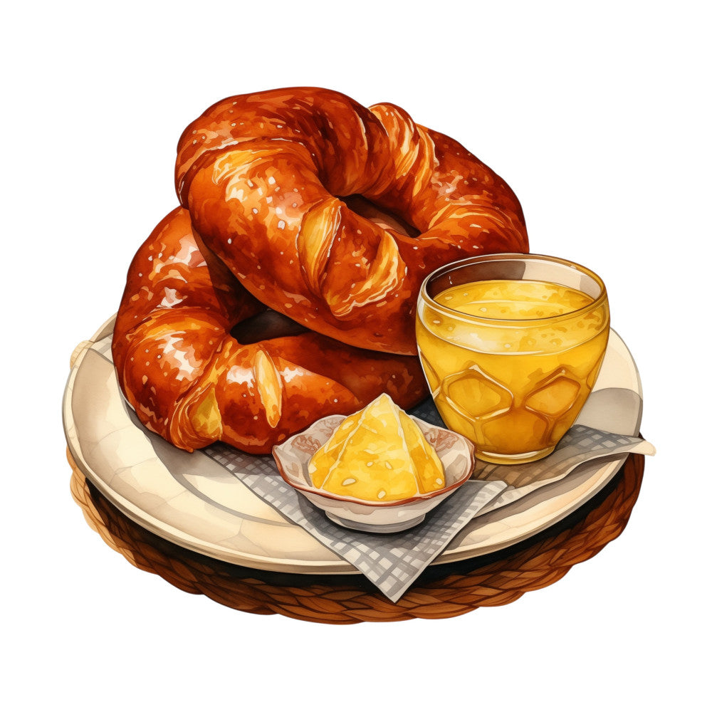 croissant, pastry, bread, breakfast, bakery, food illustration, golden brown, amber, honey yellow, cream, beige, tan, citrus, lemon, orange, rustic, whimsical, french, gourmet, culinary, kitchen, brunch, morning, food themed, beverage, juice, still life, elegant, charming, cottage core