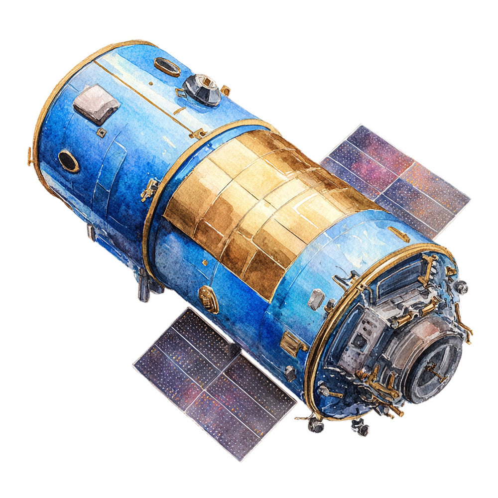 space satellite, blue, gold, metallic gold, solar panels, astronomy, celestial, spacecraft, science fiction, sci-fi, technology, space exploration, outer space, nasa, international space station, detailed illustration, technical, educational, vintage space, retro space, industrial, mechanical, engineering, novelty, educational print, stem, space themed, cosmic, scientific illustration