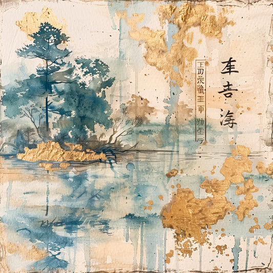 teal blue, golden brown, cream beige, watercolor trees, asian landscape, rice paper texture, fabric panel, pine trees, mountain scenery, misty atmosphere, oriental art, nature scene, quilting cotton, vintage worn, aged patina, serene mood, landscape painting, forest scene, weathered appearance, artistic panel