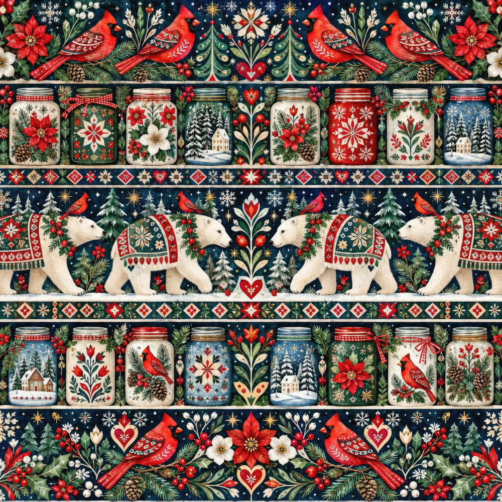 cardinal red, forest green, navy blue, cream, gold, poinsettia, festive, holiday, christmas, winter, traditional, folk art, scandinavian, vintage, whimsical, elegant, rustic, cardinal birds, poinsettias, snowflakes, evergreen trees, hearts, floral, geometric borders, bears, woodland animals, pine cones, berries, ornamental, decorative
