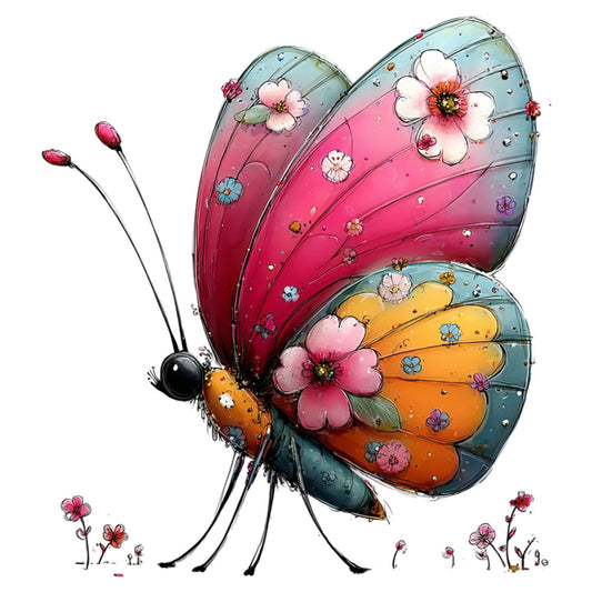 butterfly, whimsical, floral, nature, colorful, coral pink, hot pink, orange, yellow, turquoise blue, black, insects, flowers, spring, summer, artistic, playful, fantasy, children's, nursery, decorative, blooms, delicate, vibrant, garden, botanical, illustration, cute, charming, accent fabric