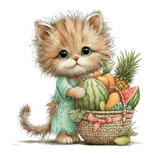 cute kitten, fluffy cat, persian cat, long-haired cat, turquoise dress, mint green, sage green, cream, tan, orange, coral pink, watercolor, whimsical, illustration, animals, fruit basket, watermelon, pineapple, tropical, summer, spring, nature, adorable, children's, nursery, baby quilt, wall hanging, storybook, hand-painted, detailed