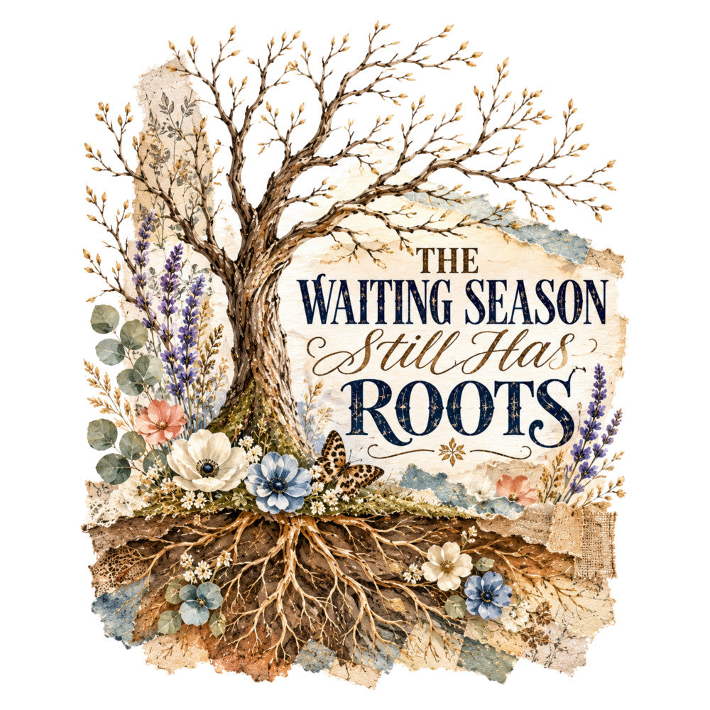 tree with roots, inspirational quote, autumn colors, navy blue, cream, tan, brown, dusty rose, lavender purple, botanical, floral, nature themed, vintage aesthetic, rustic, elegant, whimsical, fall season, inspirational text, watercolor style, pressed flowers, delicate florals, motivational quote, self-care, personal growth, earth tones, cottage core, botanical illustration, seasonal decor, wall hanging, contemplative