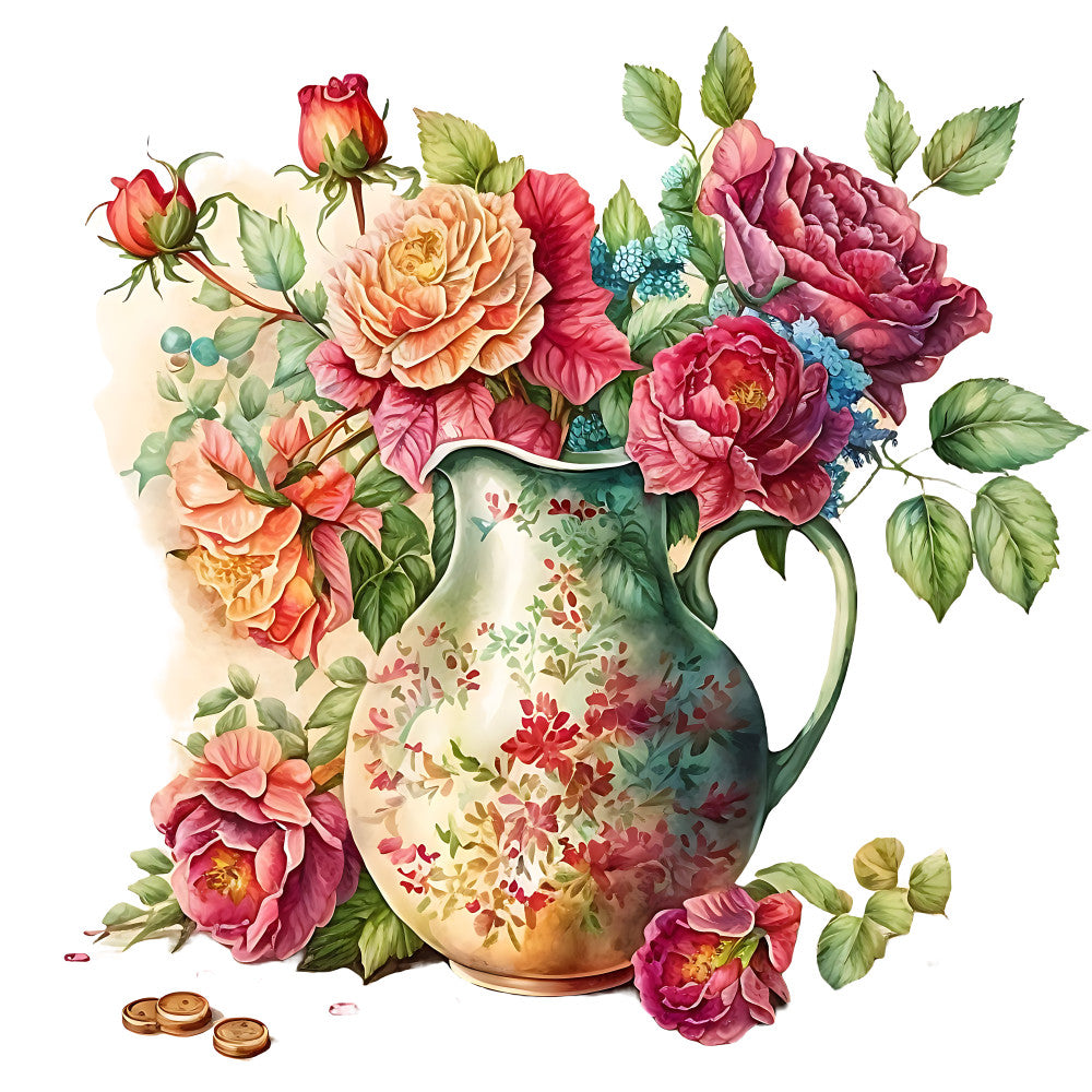 Watercolor Rose Vase Fabric Panel 6