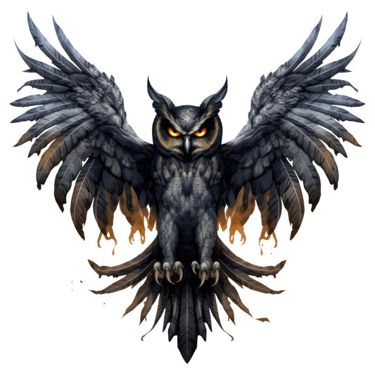 dark gray, charcoal, bronze, golden brown, amber, black, owl, bird, wings, fantasy, mystical, dark, gothic, supernatural, nocturnal, fierce, dramatic, menacing, detailed, intricate, animal portrait, predator, nature, celestial, spooky, halloween, autumn, wall hanging, decorative panel, dark fantasy