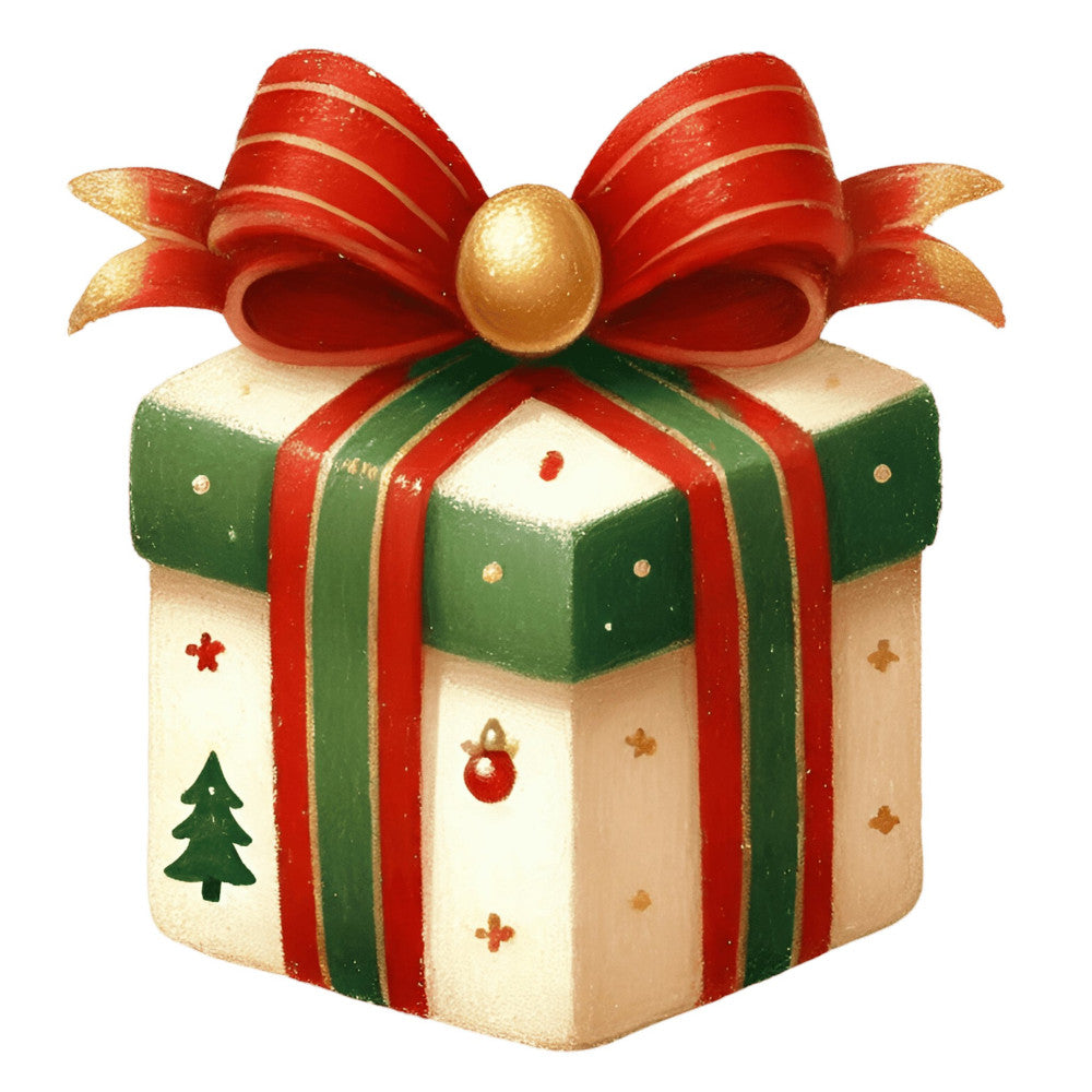 christmas, holiday, gift box, red, forest green, cream, gold, beige, tan, striped, geometric, festive, traditional, whimsical, elegant, christmas tree, ornament, ribbons, bow, sparkle, glitter, vintage, retro, seasonal, winter, gift wrapping, decorative, cheerful, classic holiday, red and green