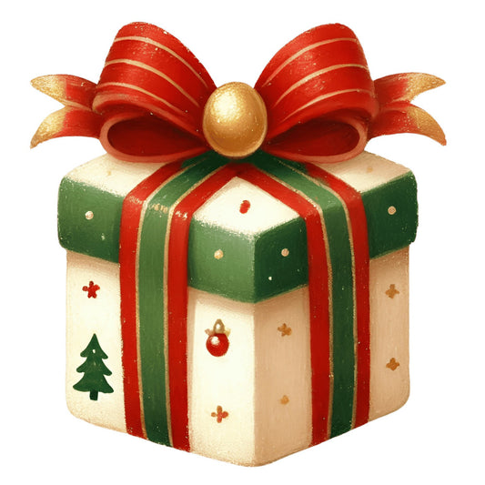 christmas, holiday, gift box, red, forest green, cream, gold, beige, tan, striped, geometric, festive, traditional, whimsical, elegant, christmas tree, ornament, ribbons, bow, sparkle, glitter, vintage, retro, seasonal, winter, gift wrapping, decorative, cheerful, classic holiday, red and green