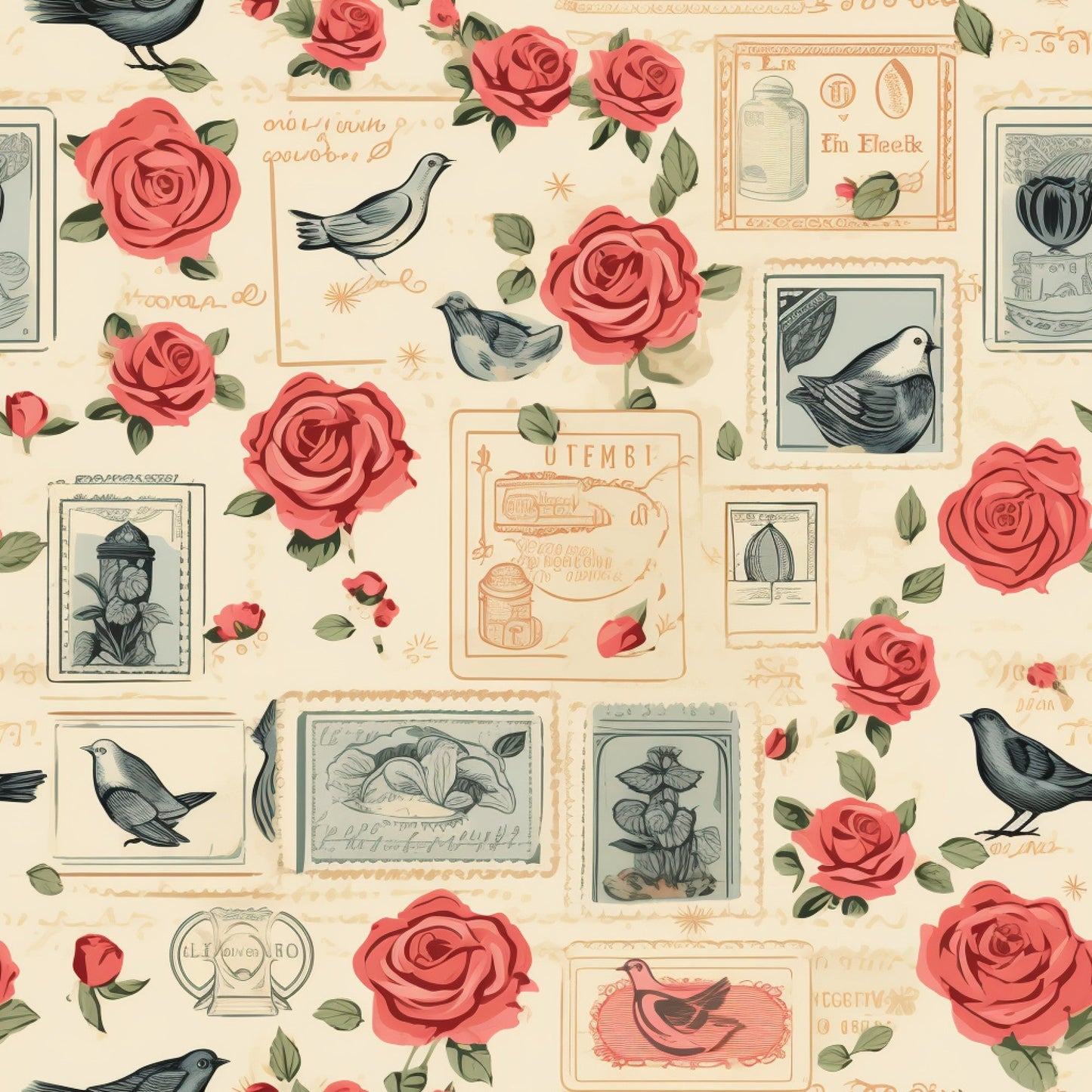 Vintage Love Stamps Pattern 15 Quilting Cotton Fabric