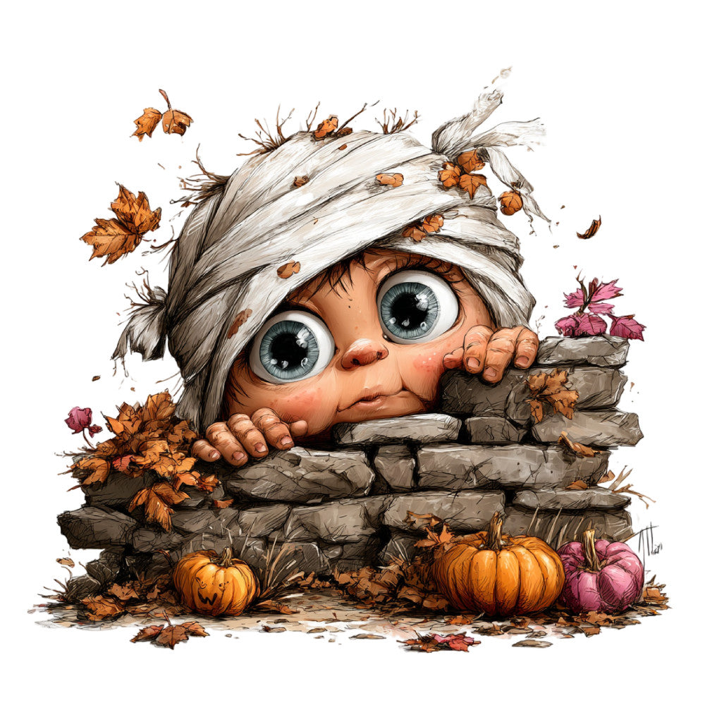 autumn, fall, halloween, thanksgiving, whimsical, cute, character, creature, gnome, troll, stone wall, pumpkins, leaves, orange, cream, gray, brown, rust, dusty rose, mauve, nature, fantasy, storybook, children, kids, playful, seasonal, harvest, folk art, illustration style