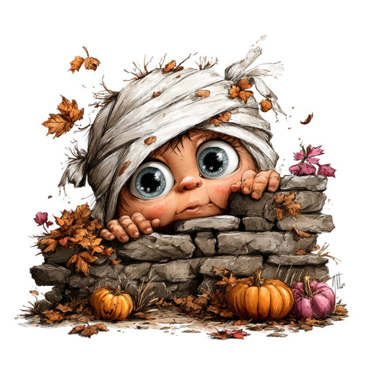 autumn, fall, halloween, thanksgiving, whimsical, cute, character, creature, gnome, troll, stone wall, pumpkins, leaves, orange, cream, gray, brown, rust, dusty rose, mauve, nature, fantasy, storybook, children, kids, playful, seasonal, harvest, folk art, illustration style