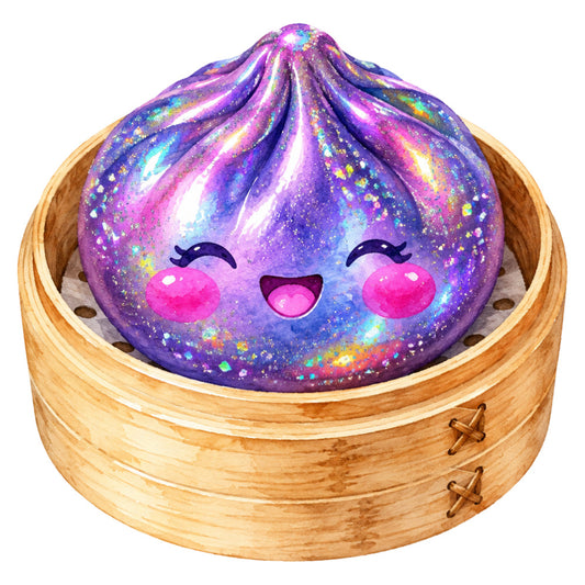 purple, galaxy, cosmic, glitter, sparkle, iridescent, rainbow, celestial, whimsical, cute, kawaii, magical, fantasy, character, dumpling, asian cuisine, steamed bun, shiny, metallic, holographic, stars, luminous, playful, child-friendly, novelty, vibrant multi-color, dreamy, enchanted, decorative panel