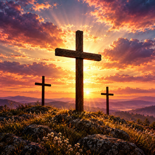 golden sunset, dramatic sky, religious cross, spiritual, faith-based, christian, crosses, mountains, landscape, nature, sunset, sunrise, rays of light, orange, gold, amber, deep purple, dark wood, rustic, traditional, inspirational, meaningful, symbolic, wall hanging, devotional, celestial, peaceful, serene, easter, religious themes