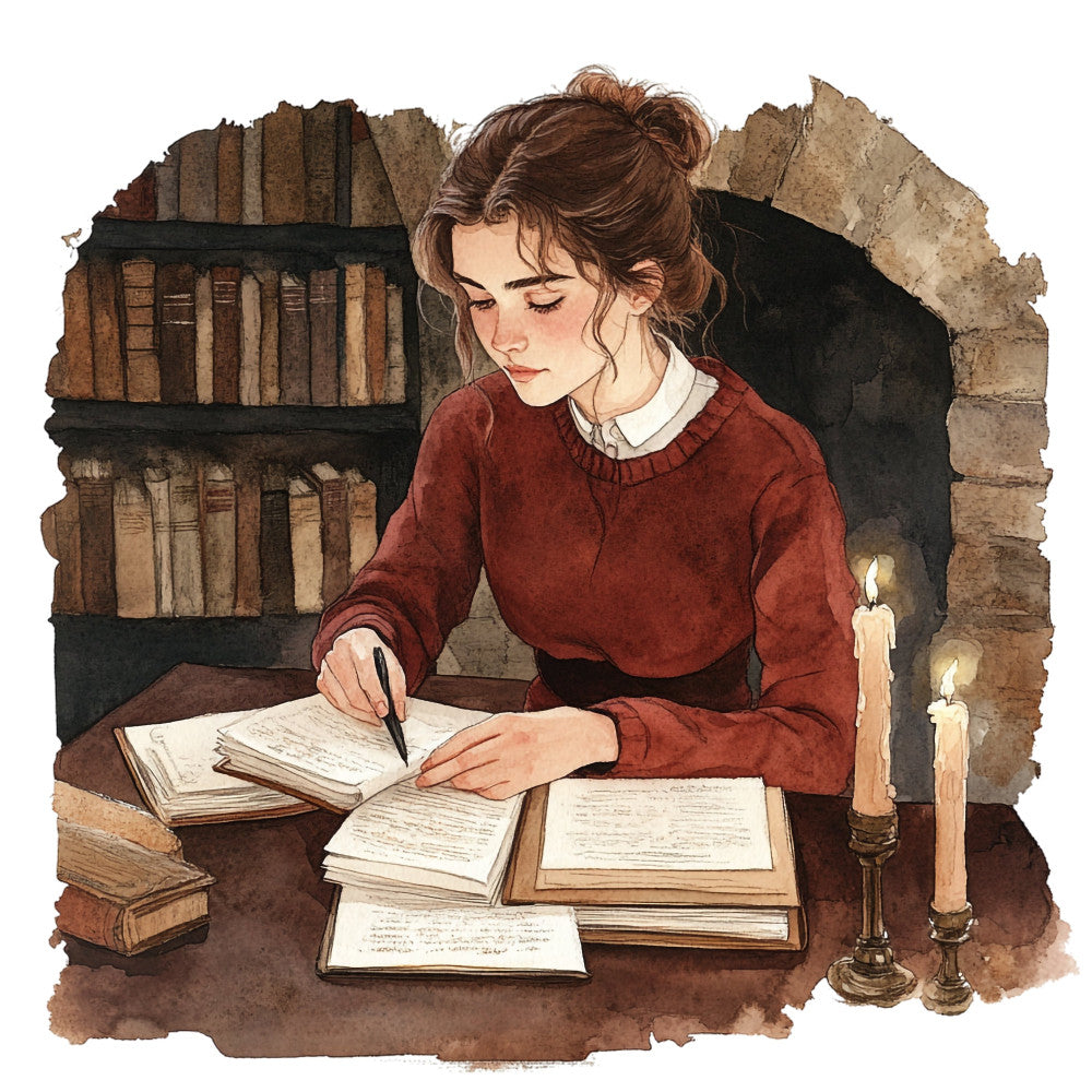 burgundy red, burnt sienna, cream, tan, beige, dark brown, candlelight, vintage, literary, books, library, writing, scholarly, historical, steampunk, gothic, whimsical, elegant, rustic, romantic, educational, knowledge, antique, period costume, victorian, steampunk aesthetic, candles, manuscripts, reading, studious