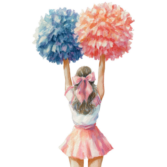 watercolor, girl, woman, figure, illustration, whimsical, cheerful, playful, pom pom, pompom, blue, coral pink, red, cream, pastel, watercolor painting, artistic, modern, feminine, spring, summer, portrait, fashion, skirt, ribbon, hair bow, decorative art, inspirational, uplifting, joyful