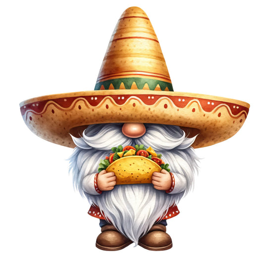 mexican gnome, sombrero, taco, white beard, mustache, orange hat, green accents, red patterns, brown boots, whimsical character, festive design, folklore figure, fabric panel, quilting cotton, cartoon style, playful illustration, cultural theme, food motif, cheerful gnome, decorative pattern
