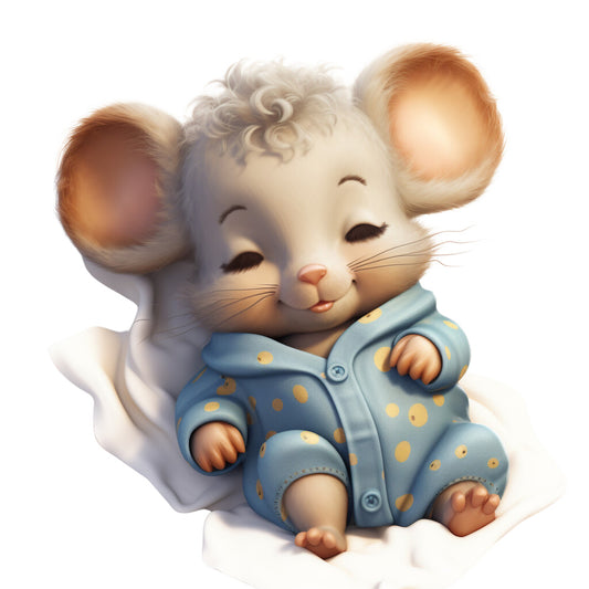 baby mouse, white mouse, blue pajamas, polka dots, yellow dots, curly hair, sleepy expression, soft pastels, cute animal, nursery theme, fabric panel, quilting cotton, children's fabric, baby blanket, whimsical illustration, cozy sleepwear, adorable character, gentle colors, craft project, sweet design