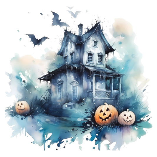 haunted house, halloween, spooky, jack-o-lantern, pumpkins, bats, watercolor, navy blue, teal, cream, pale blue, dusty blue, dark blue, orange, autumn, fall, horror, gothic, creepy, eerie, whimsical, vintage halloween, trick-or-treat, october, festive, wall hanging, decorative panel, children's, folk art style