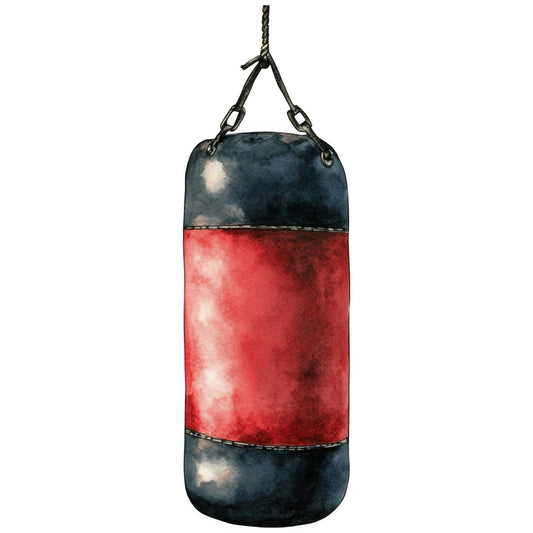 punching bag, boxing bag, sports, athletic, red and black, dark blue, crimson red, navy blue, black accents, masculine, industrial, gym equipment, training, workout, sports themed, action, bold colors, contrast stripes, horizontal stripes, striped pattern, vintage sports, retro athletic, fitness, combat sports, performance, strength training, sporty style, modern athletic, durable look