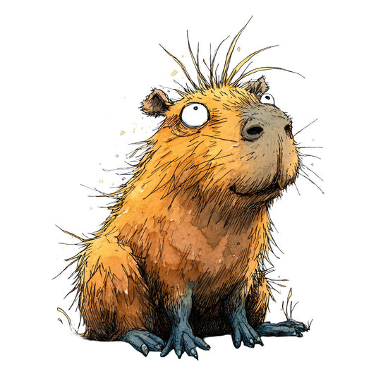 golden yellow, burnt orange, warm brown, charcoal gray, slate blue, whimsical, quirky, animal, creature, capybara, rodent, spiky hair, wild eyes, expressive character, humorous, playful, illustration art, watercolor style, children's, woodland, nature-inspired, cute, adorable, fun print, contemporary, artistic, hand-drawn, unique design, decorative, statement fabric