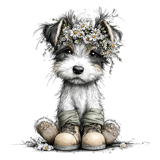 whimsical dog, puppy, daisy flowers, floral, black and white, cream, tan, beige, boots, cute animals, children's, baby, spring, nature, botanical, illustrated, watercolor style, charming, playful, sweet, girl, adorable, woodland, flower crown, footwear, rustic, vintage charm, decorative panel, storybook