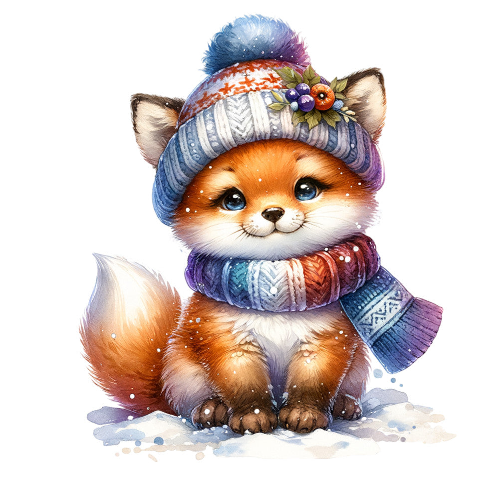 fox, winter hat, scarf, orange fur, blue eyes, watercolor style, pom pom, knitted accessories, snowflakes, fabric panel, quilting cotton, baby animal, woodland creature, winter theme, cute illustration, children's fabric, nursery decor, purple accents, white chest, sitting pose