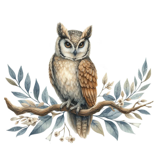 owl, horned owl, bird, nature, wildlife, botanical, leaves, branches, floral, tan, beige, cream, gray, blue-gray, golden yellow, rust, brown, woodland, forest, natural, rustic, elegant, whimsical, vintage, illustration, watercolor, autumn, fall, botanical illustration, decorative panel