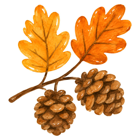 autumn leaves, fall foliage, oak leaves, pine cones, golden yellow, burnt orange, rust brown, tan, nature, botanical, woodland, rustic, natural, earthy tones, harvest, seasonal, autumn, fall, leaf motifs, pinecone details, traditional, country, farmhouse, outdoor themes, forest, thanksgiving, cozy, warm colors, natural elements