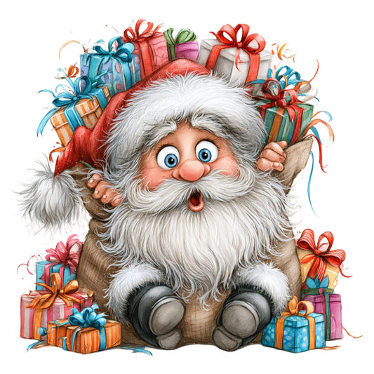 santa claus, christmas, holiday, whimsical, festive, jolly, red, white, gray, blue, orange, green, pink, gift boxes, presents, ribbons, bows, traditional, cheerful, seasonal, winter, cute, charming, decorative, children's, nostalgic, vintage-inspired, playful, gnome-like, gift wrap inspired