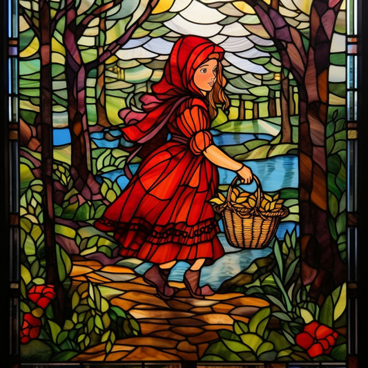 stained glass, little red riding hood, red cloak, forest scene, fairy tale, fabric panel, vibrant colors, green foliage, blue stream, wicker basket, girl character, woodland path, quilting cotton, artistic illustration, storytelling fabric, children's theme, emerald green, crimson red, golden yellow, detailed artwork
