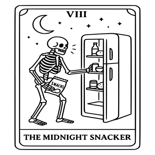 skeleton, tarot card, the midnight snacker, halloween, spooky, gothic, black and white, monochrome, celestial, moon, stars, vintage, retro, whimsical, humorous, funny, novelty, tarot themed, occult, witchy, dark humor, midnight, refrigerator, snacks, bones, ribcage, night time, line art, occult aesthetic, goth