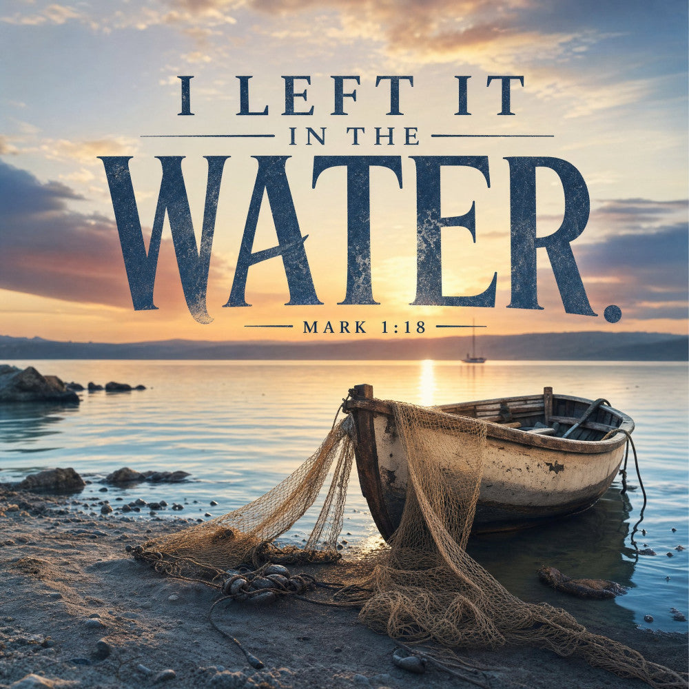 nautical, coastal, ocean, water, sailboat, fishing boat, sunrise, sunset, beach, seascape, inspirational, religious, scripture, mark 1:18, bible verse, navy blue, gold, warm tones, rustic, vintage, spiritual, faith-based, contemplative, peaceful, tranquil, maritime, seaside, boat and net, landscape, wall hanging