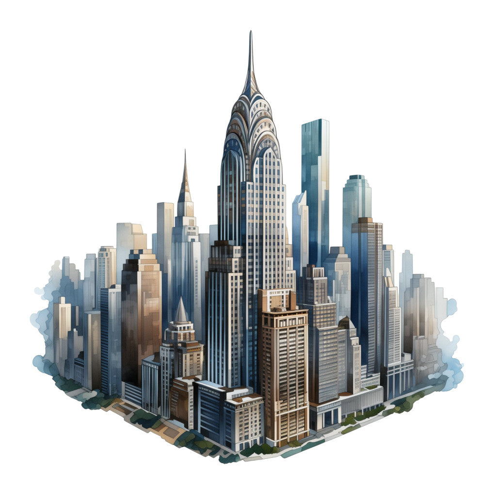 skyline, cityscape, new york, metropolitan, urban, architecture, buildings, skyscrapers, chrysler building, modern, contemporary, gray, blue, navy, charcoal, cream, beige, tan, geometric, structured, sophisticated, elegant, travel, city themed, wall hanging, home decor, novelty print