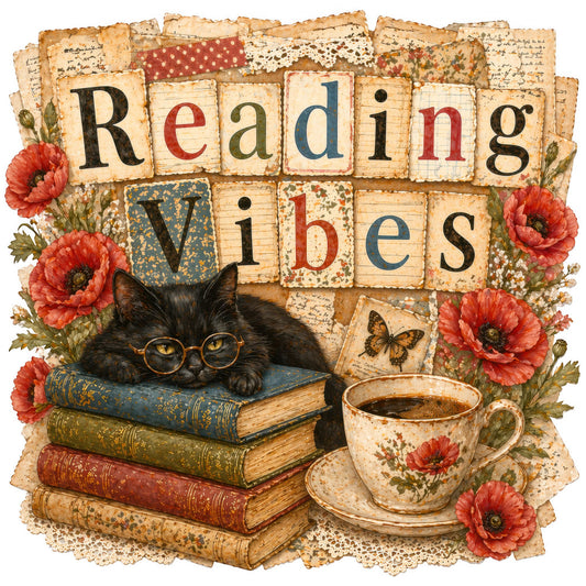 reading vibes, black cat, vintage books, floral, poppies, red flowers, coral pink, cream, antique gold, navy blue, rust red, sage green, literary, whimsical, rustic, elegant, cottage core, botanical, butterflies, lace, tea cup, stacked books, vintage aesthetic, timeless, cozy reading, intellectual, steampunk, nostalgic, feminine vintage, romantic style