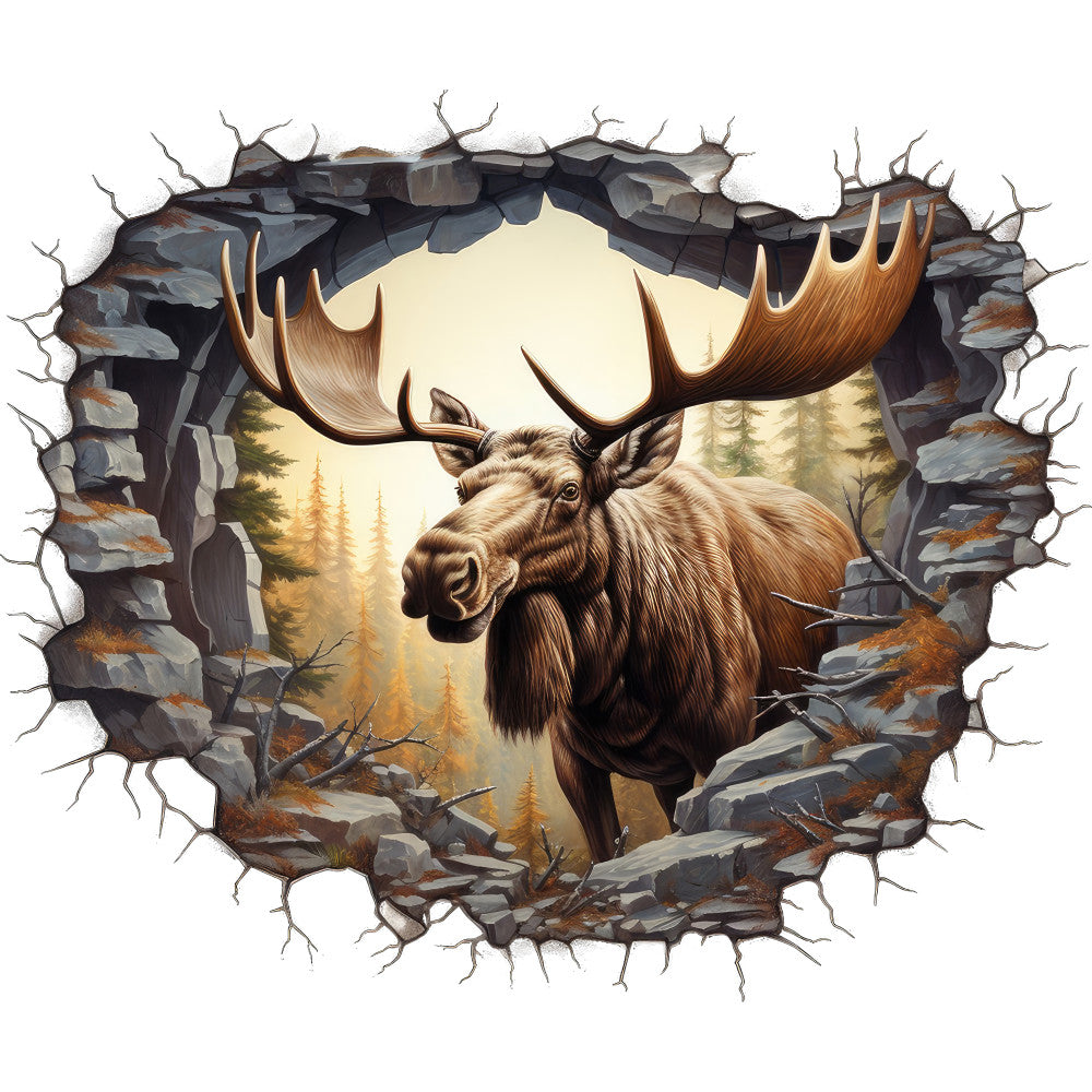 moose, wildlife, antlers, brown, tan, beige, gray, stone, forest, trees, breaking through, cracked wall, trompe l'oeil, realistic art, nature scene, fabric panel, quilting cotton, woodland, rustic, outdoor theme